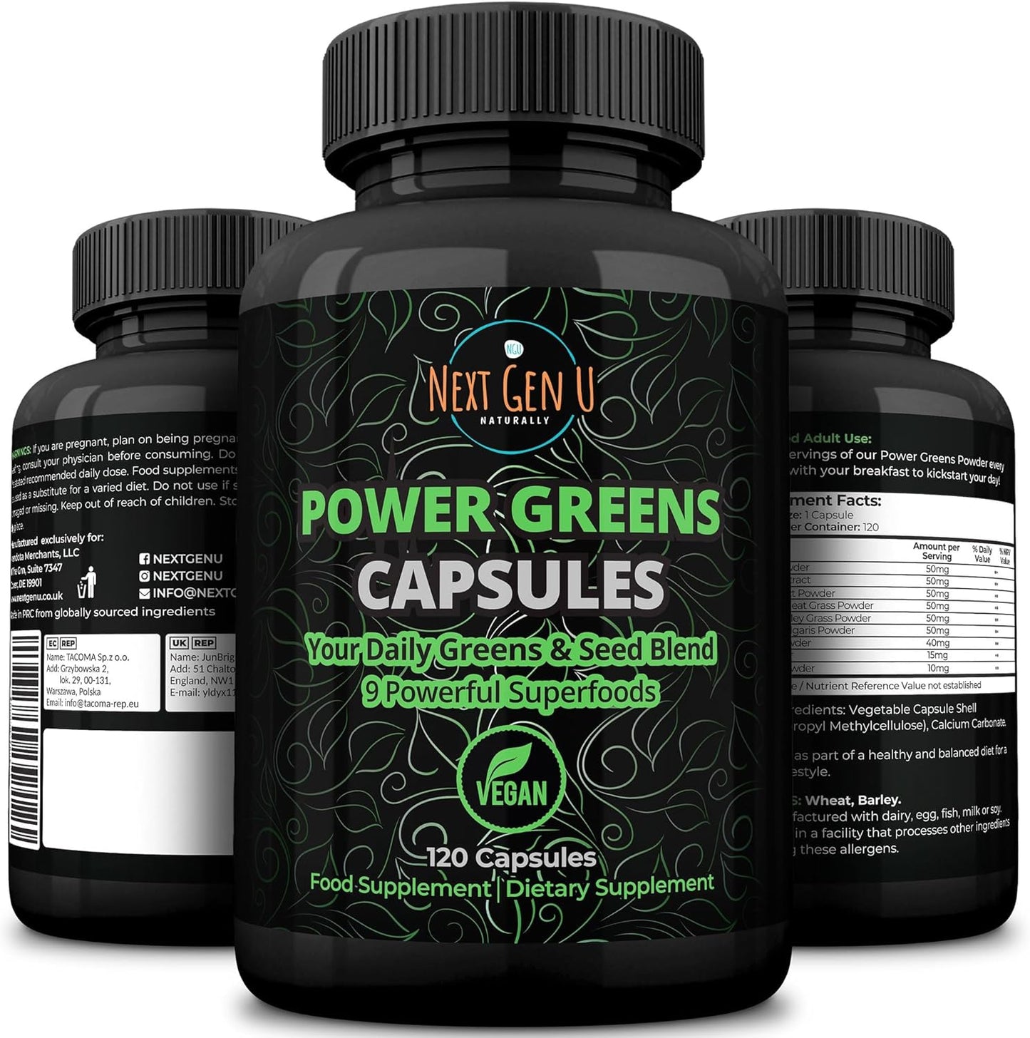 Vegan Superfood Blend with Acai, Wheatgrass, Guarana, Matcha & Flaxseed | 120 Capsules