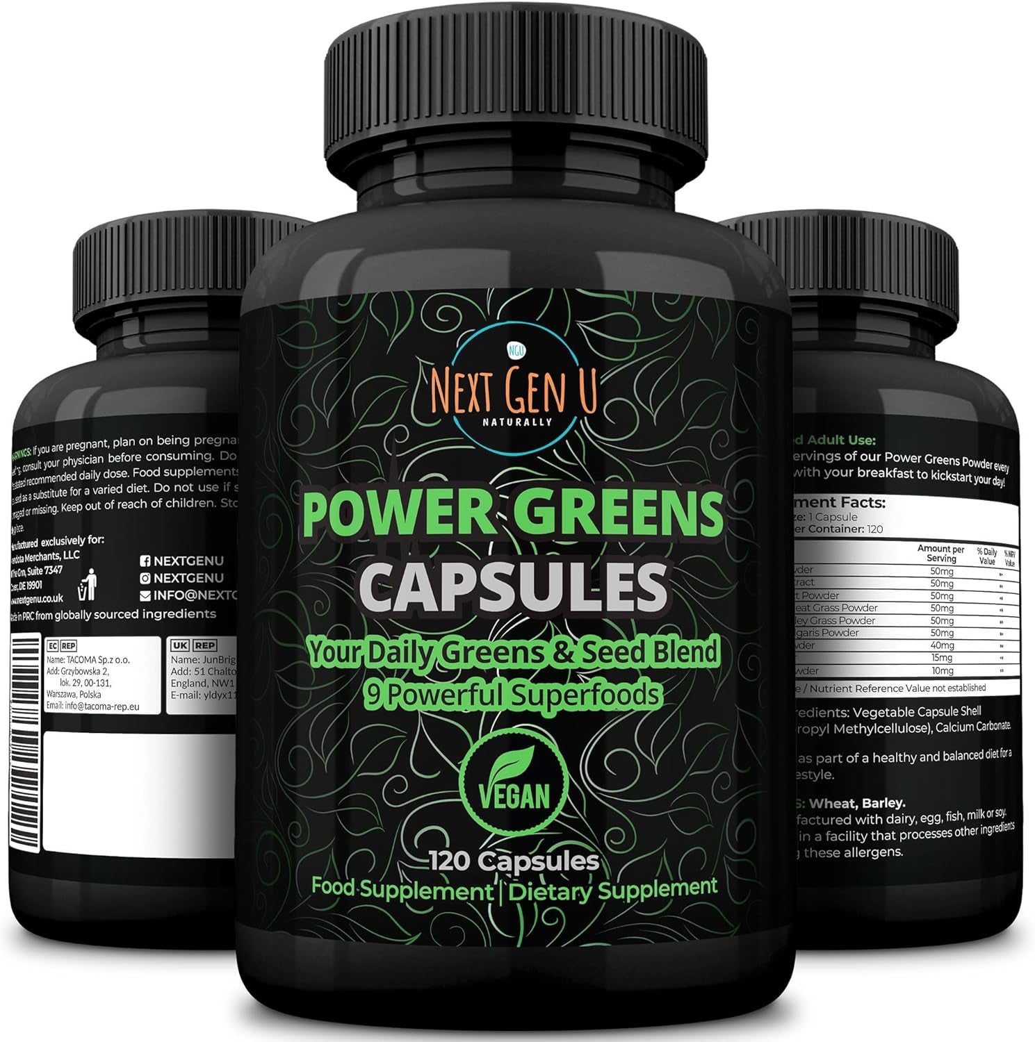 Vegan Superfood Blend with Acai, Wheatgrass, Guarana, Matcha & Flaxseed | 120 Capsules