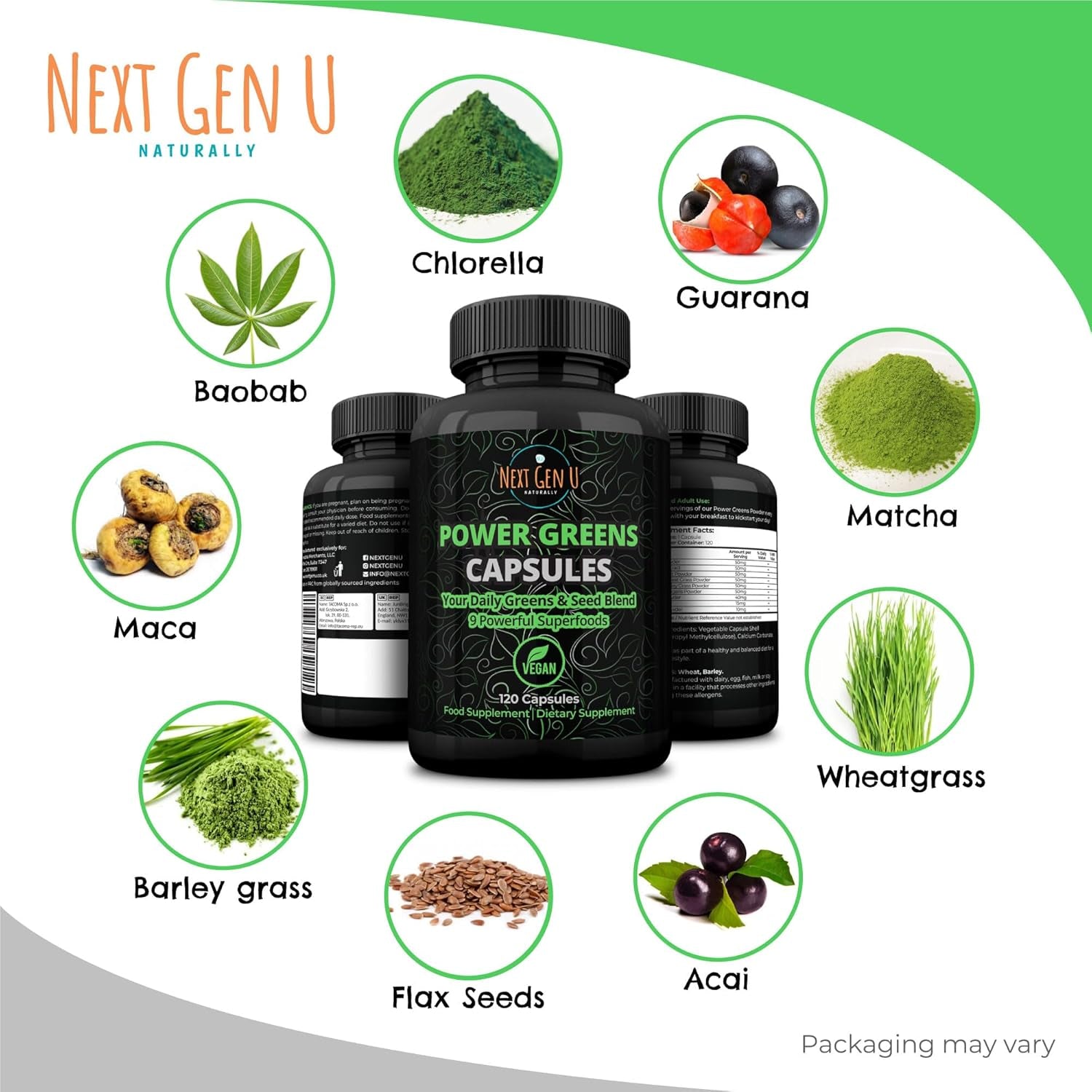 Vegan Superfood Blend with Acai, Wheatgrass, Guarana, Matcha & Flaxseed | 120 Capsules