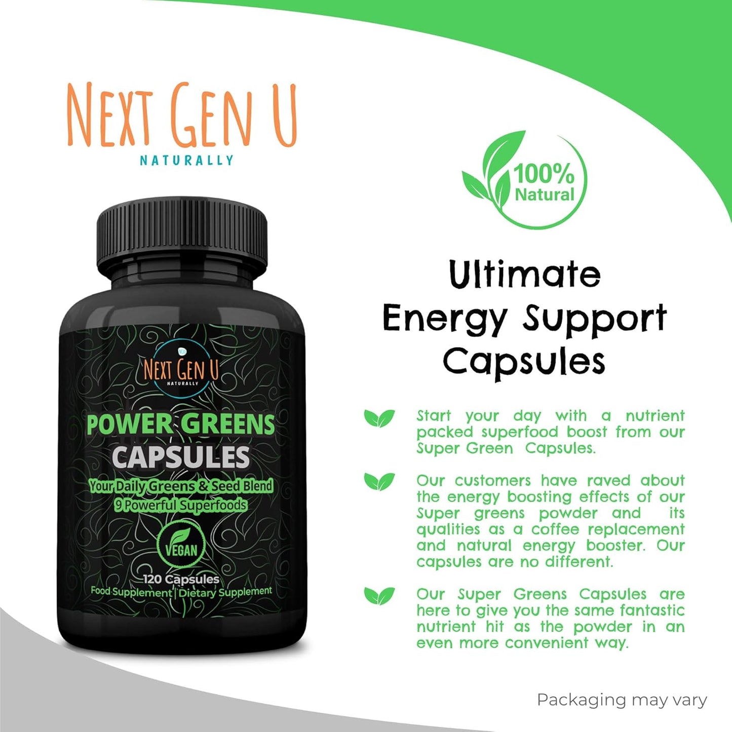 Vegan Superfood Blend with Acai, Wheatgrass, Guarana, Matcha & Flaxseed | 120 Capsules