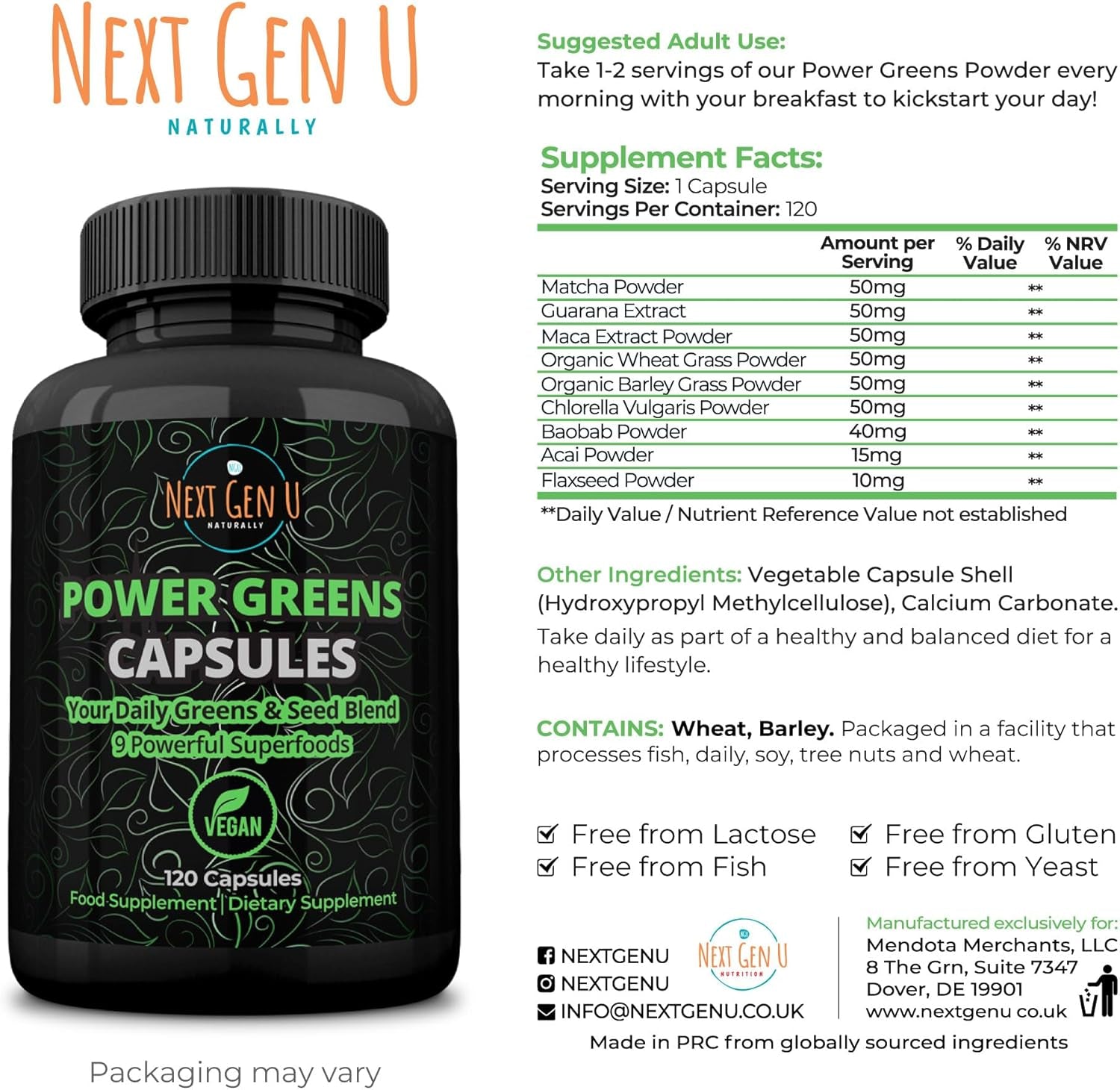 Vegan Superfood Blend with Acai, Wheatgrass, Guarana, Matcha & Flaxseed | 120 Capsules