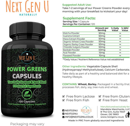Vegan Superfood Blend with Acai, Wheatgrass, Guarana, Matcha & Flaxseed | 120 Capsules