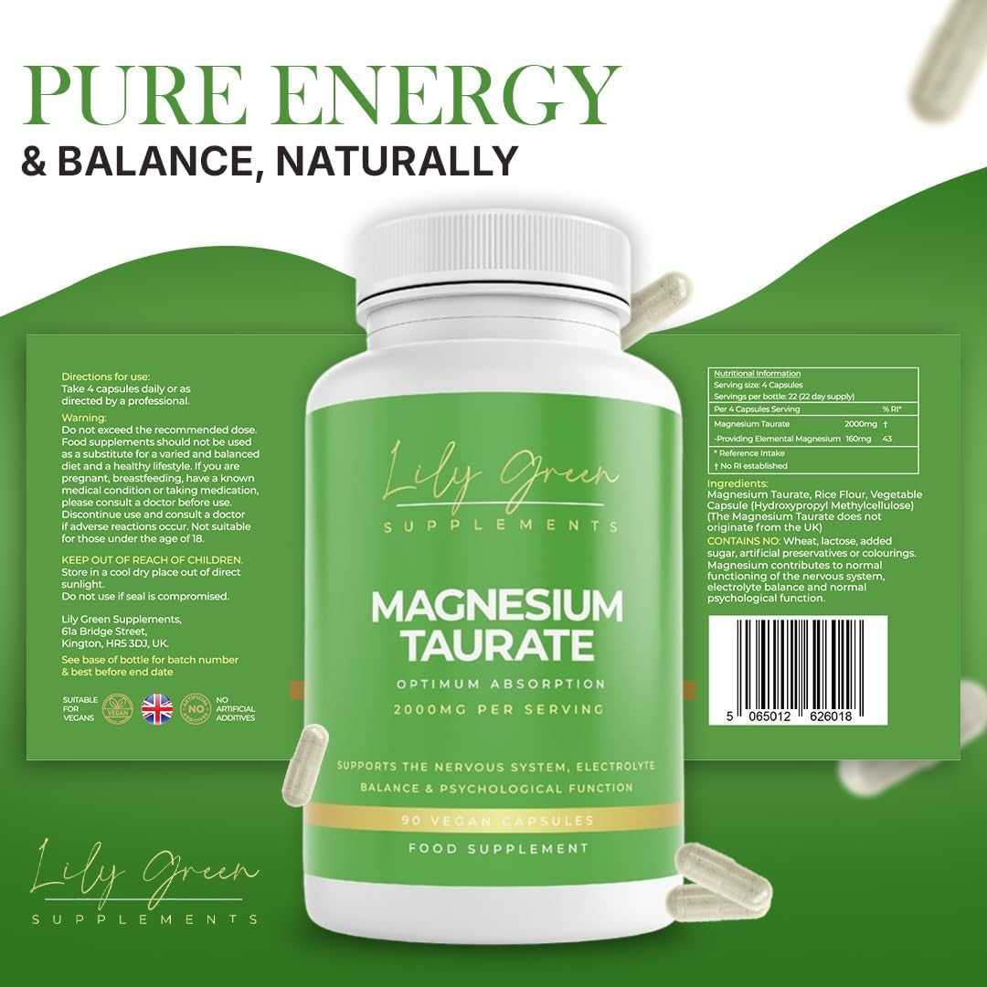Magnesium Taurate Capsules – High-Strength 2000mg Magnesium Supplement for Energy, Electrolyte Balance & Muscle Support | Vegan