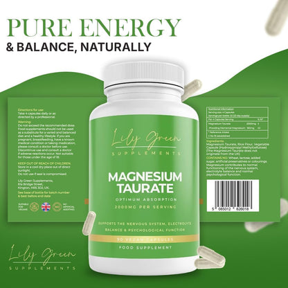 Magnesium Taurate Capsules – High-Strength 2000mg Magnesium Supplement for Energy, Electrolyte Balance & Muscle Support | Vegan